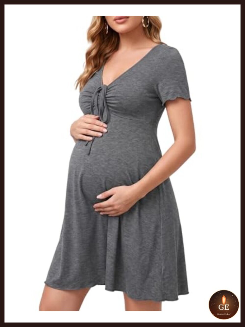 Maternity Dress V Neck Short Sleeve Flowy Drawstring A Line Summer